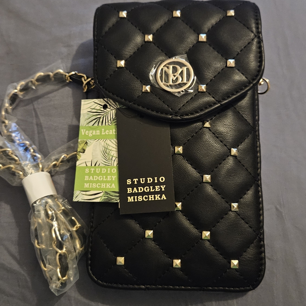 Badgley Mischka Black Quilted Vegan Leather Phone Crossbody with Gold Studs
